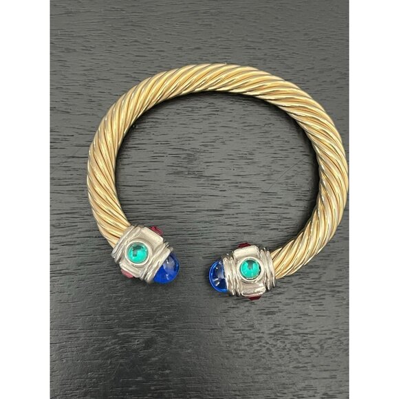 Vtg 90s Mogul Bracelet Gripoix Glass Cabochons Gold Tone Twisted Cable Adjustabl - Picture 10 of 16